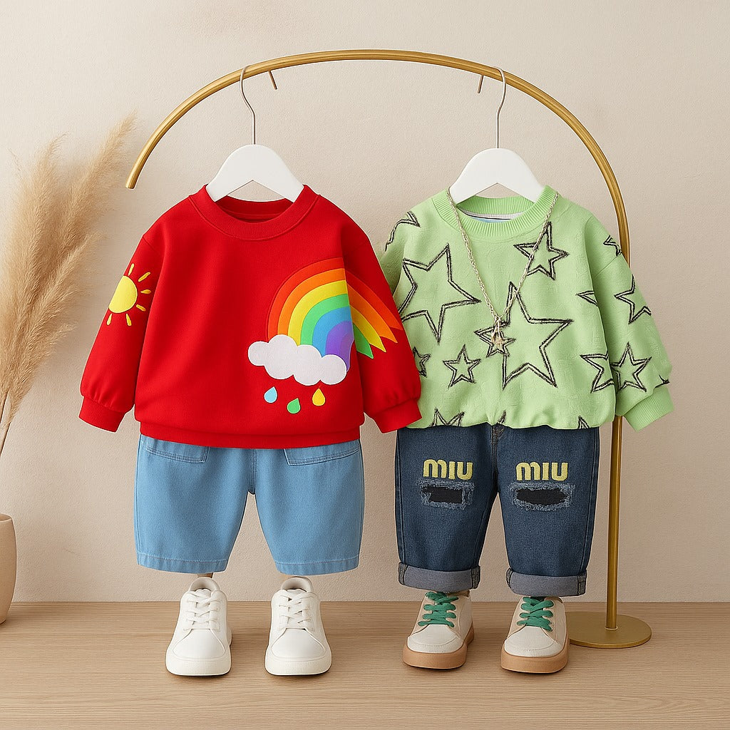 Boys Cotton Knit Full Sleeves Rainbow & Stars Printed Sweatshirt With Pant Pack of 2 - Red & Green