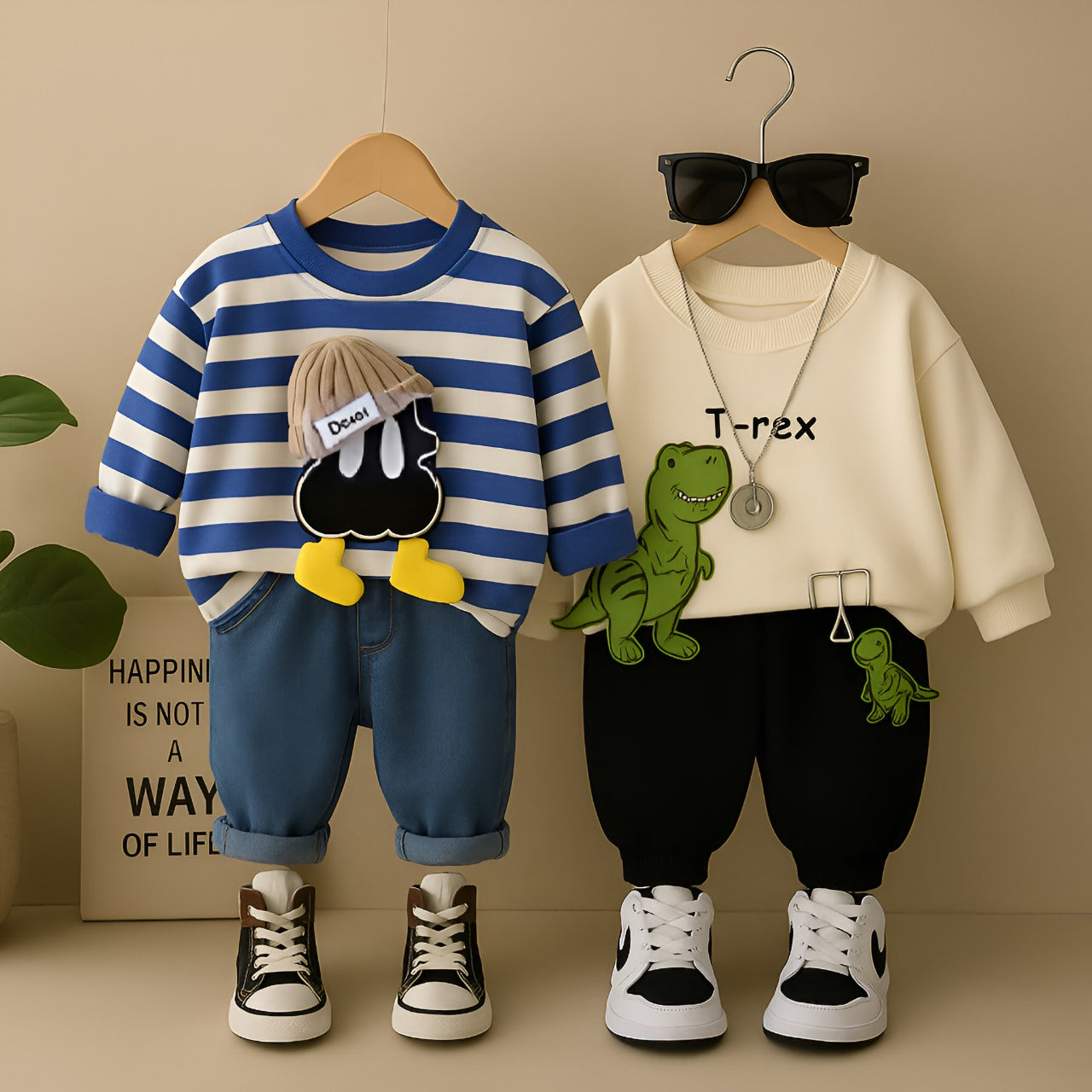 Boys Cotton Knit Full Sleeves Teddy & Dino Patch Sweatshirt With Pant Pack of 2 - Blue & Cream