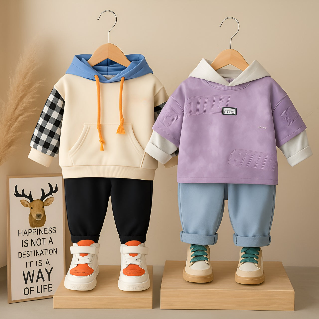 Boys Cotton Knit Full Sleeves All Over Printed Printed Sweatshirt With Pant Pack of 2 - Cream & Purple