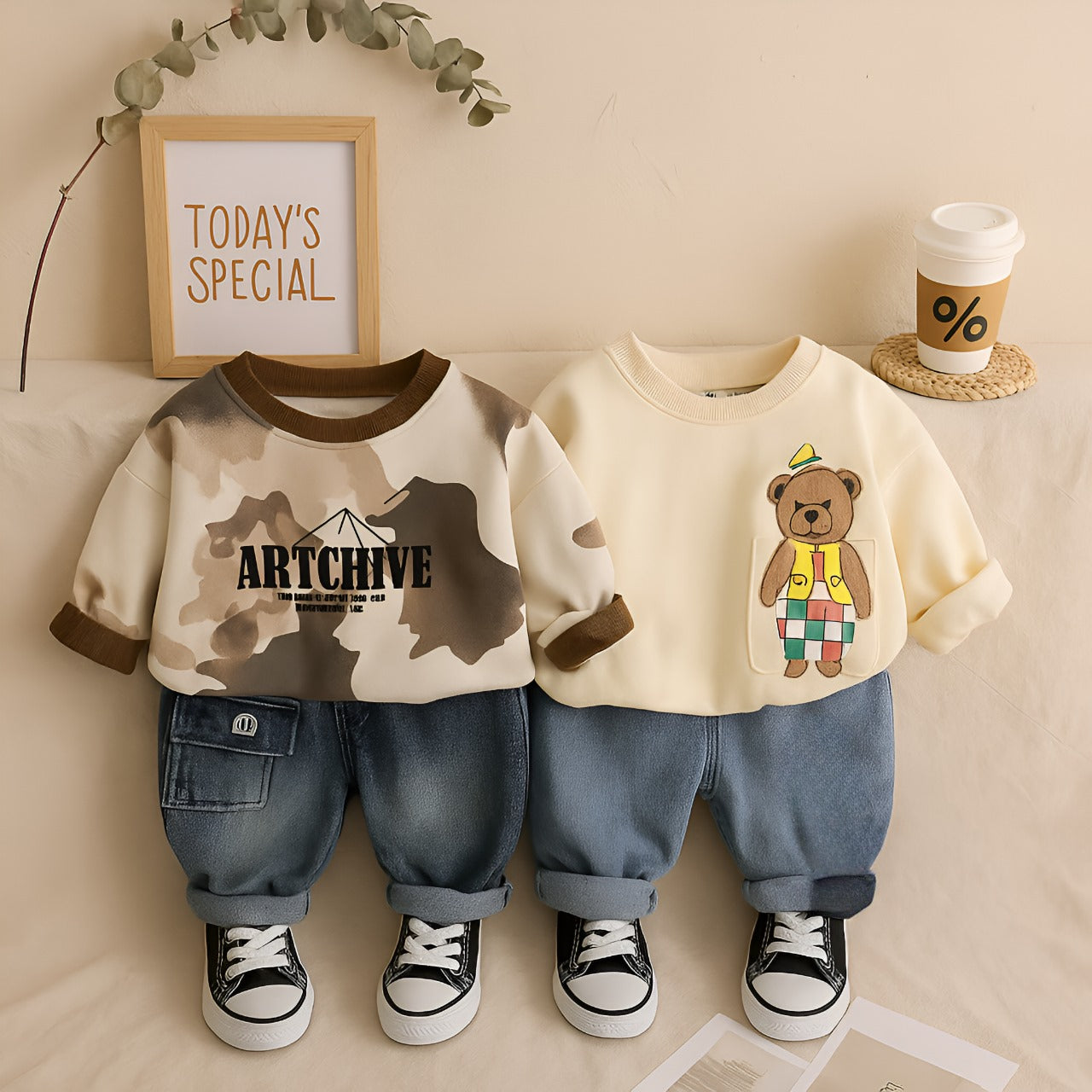 Boys Cotton Knit Full Sleeves All Over Printed Printed Sweatshirt With Pant Pack of 2 - Brown & Cream