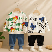 Boys Cotton Light Winter Knit Full Sleeves Teddy Printed Sweatshirt With Joggers Set Pack of 2