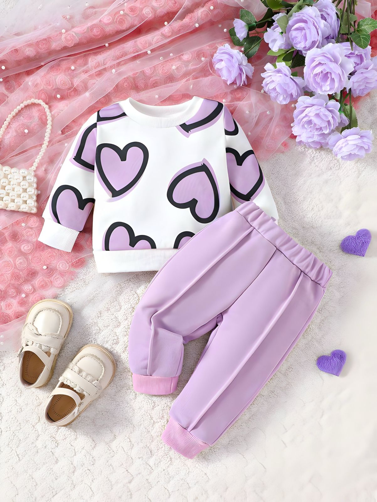 Girl's Cotton Knit Light Winter All Over Heart Printed Sweatshirt With Joggers Pant Set - Lilac