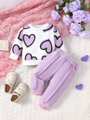 Girl's Cotton Knit Light Winter All Over Heart Printed Sweatshirt With Joggers Pant Set - Lilac