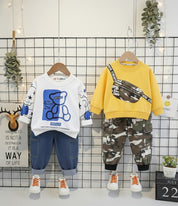 Boys Cotton Light Winter Knit Teddy & Camouflage Printed Sweatshirt and Joggers Set Pack of 2 - White & yellow