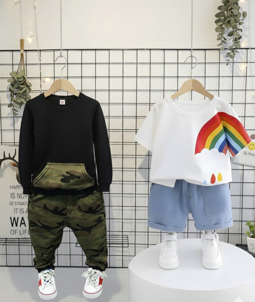Boys Cotton Light Winter Knit Rainbow & Camouflage Printed Sweatshirt T-shirt and Bottoms Set Pack of 2 - Black & White