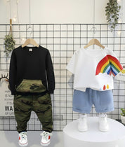Boys Cotton Light Winter Knit Rainbow & Camouflage Printed Sweatshirt T-shirt and Bottoms Set Pack of 2 - Black & White