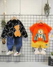 Boys Cotton Light Winter Knit Teddy & Lion  Printed Sweatshirt T-shirt and Bottom Set Pack of 2 - Black & Orange