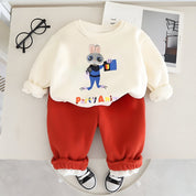 Boy's Cotton Bunny & Text Printed Sweatshirt With Joggers Set - Cream