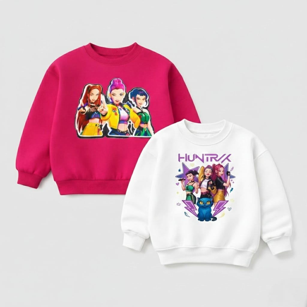 Girl's Cotton Full Sleeves Printed Sweatshirt Set Pack of 2 - Pink & White