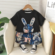 Boy's Cotton Bunny Print T-Shirt & Shorts Set - Black