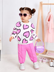 Girl's Cotton Knit Light Winter All Over Heart Printed Sweatshirt With Joggers Pant Set - Lilac
