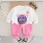 Googo Gaaga Girls Happy and Love Teddy Bear Printed Full Sleeve Sweatshirt with Pink Jogger Pants Co-Ord Set – White & Pink