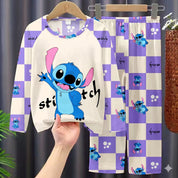 Googo Gaaga Kids Stitch Cartoon Printed Full Sleeve T-Shirt & Checkered Pyjama Set – Purple & Cream