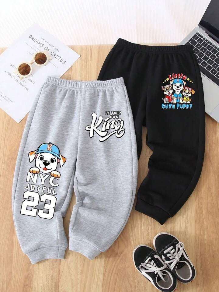 Googo Gaaga Kids Cute Puppy Printed Jogger Pants – Pack of 2 (Grey & Black)