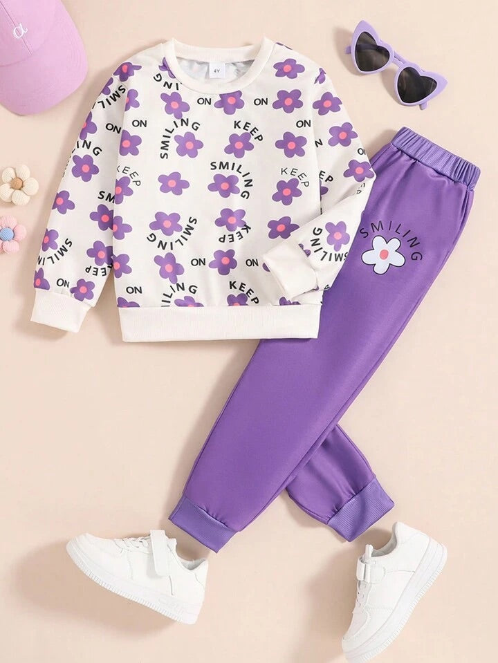 Googo Gaaga Girls Floral Printed Sweatshirt & Jogger Co-Ord Set – White & Purple