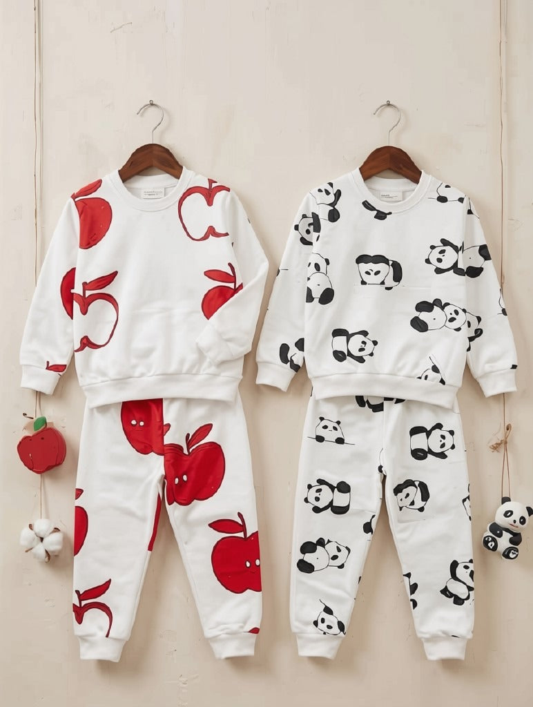 Apple & Panda Printed Full Sleeve Sweatshirt and Jogger Set – Pack of 2