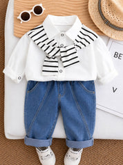Googo Gaaga Kids White Layered-Look Shirt with Blue Denim Jeans Set