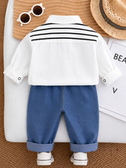 Googo Gaaga Kids White Layered-Look Shirt with Blue Denim Jeans Set