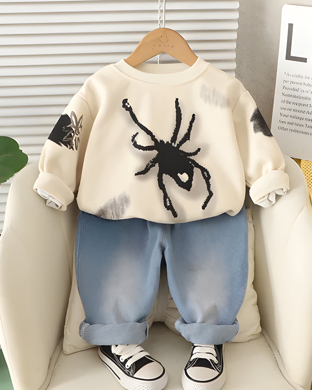 Boy's Light Winter Cotton Spider Printed Sweatshirt With Jeans Set - White