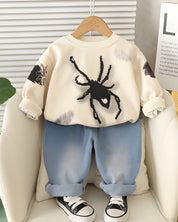 Boy's Cotton Dino & Spider Printed Sweatshirt With Jeans Set - Yellow & Cream