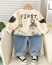 Boy's Light Winter Cotton Spider Printed Sweatshirt With Jeans Set - White