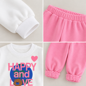 Googo Gaaga Girls Happy and Love Teddy Bear Printed Full Sleeve Sweatshirt with Pink Jogger Pants Co-Ord Set – White & Pink