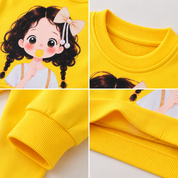 Googo Gaaga Girls Cute Doll Printed Sweatshirt & Denim Jeans Co-Ord Set – Yellow & Blue