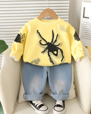Boy's Light Winter Cotton Spider Printed Sweatshirt With Jeans Set - Yellow