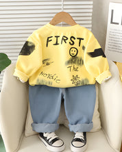 Boy's Light Winter Cotton Spider Printed Sweatshirt With Jeans Set - Yellow