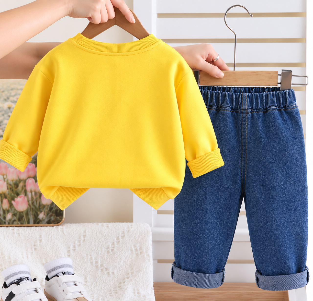 Googo Gaaga Girls Cute Doll Printed Sweatshirt & Denim Jeans Co-Ord Set – Yellow & Blue