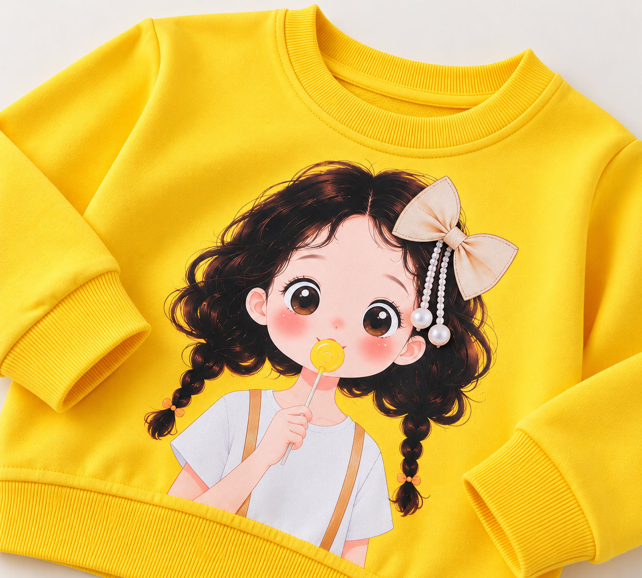 Googo Gaaga Girls Cute Doll Printed Sweatshirt & Denim Jeans Co-Ord Set – Yellow & Blue
