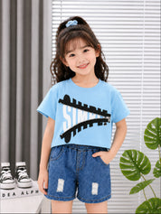 Googo Gaaga Girls Cotton Zipper Printed T-Shirt & Shorts Set - Blue