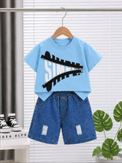 Googo Gaaga Girls Cotton Zipper Printed T-Shirt & Shorts Set - Blue