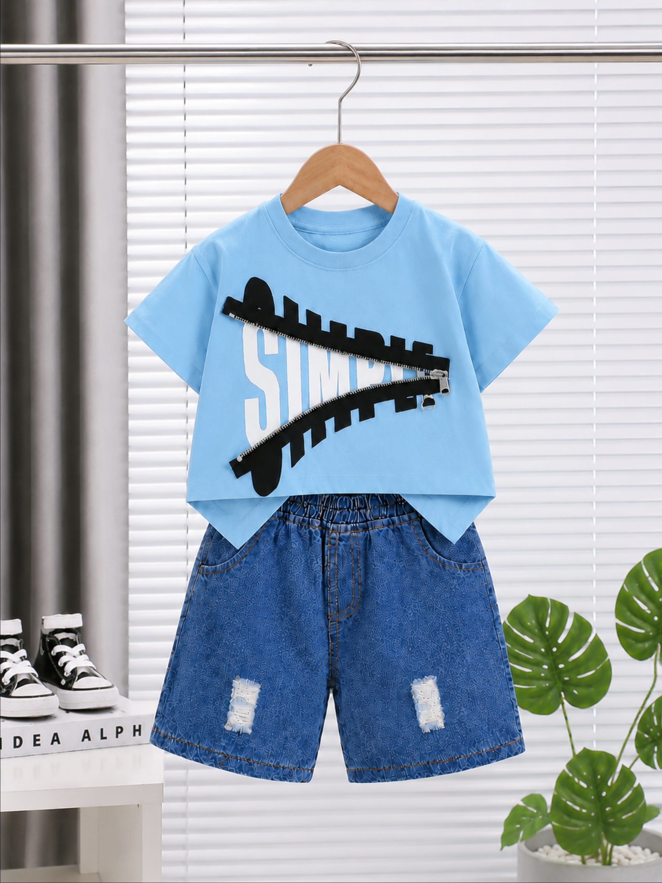 Googo Gaaga Girls Cotton Zipper Printed T-Shirt & Shorts Set - Blue