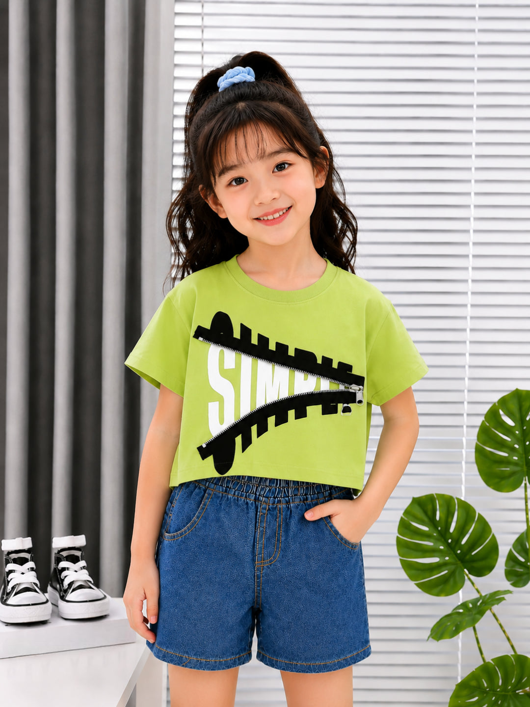 Googo Gaaga Girls Cotton Zipper Printed T-Shirt & Shorts Set - Green