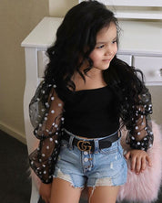 Girl's Puff-Sleeve Top & Denim Shorts Set