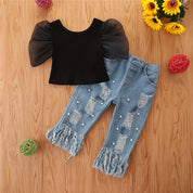 Girl's Puff-Sleeve Top & Rugged Denim Set