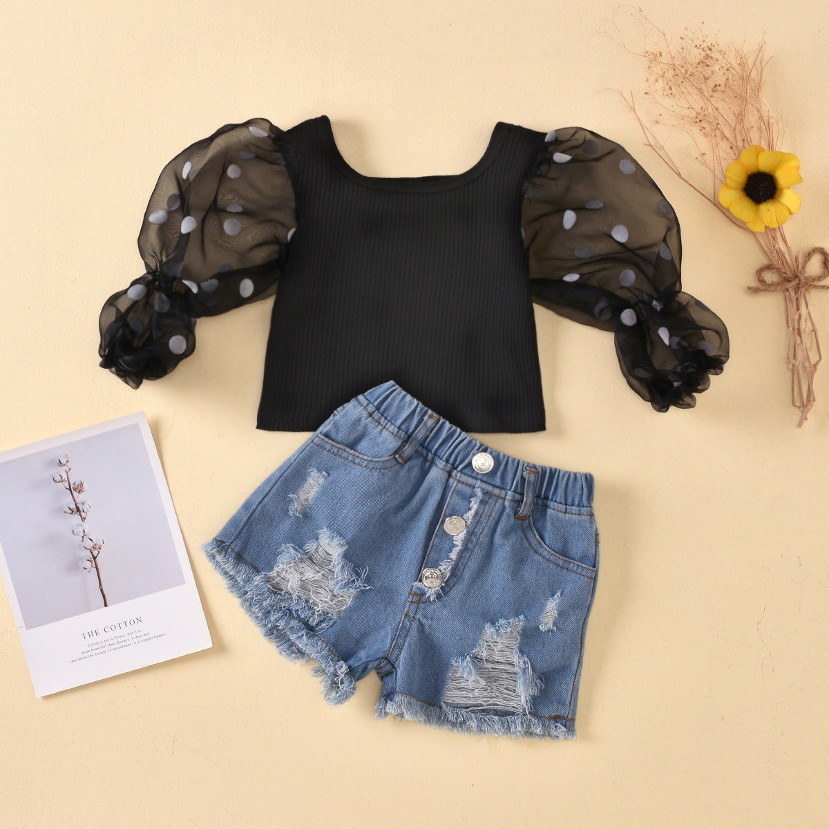Girl's Puff-Sleeve Top & Denim Shorts Set