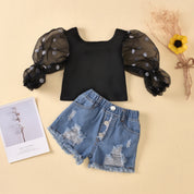 Girl's Puff-Sleeve Top & Denim Shorts Set