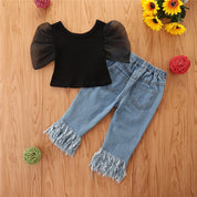 Girl's Puff-Sleeve Top & Rugged Denim Set