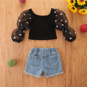 Girl's Puff-Sleeve Top & Denim Shorts Set