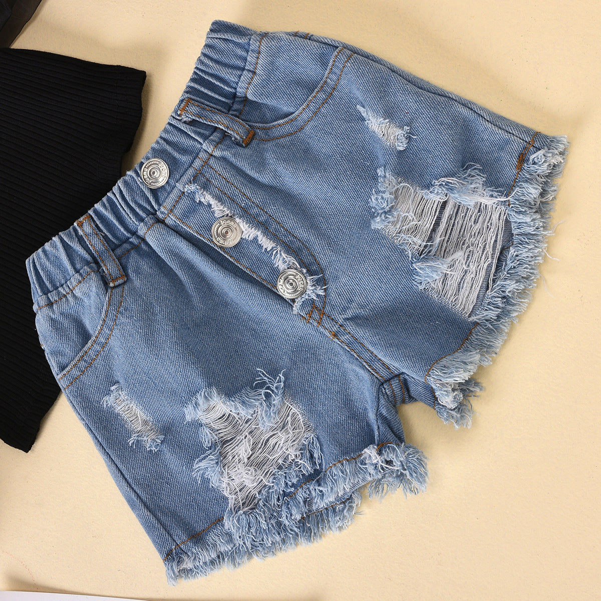 Girl's Puff-Sleeve Top & Denim Shorts Set