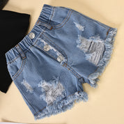 Girl's Puff-Sleeve Top & Denim Shorts Set