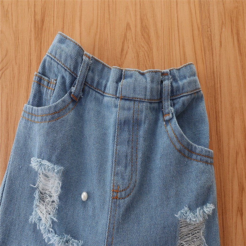 Girl's Puff-Sleeve Top & Rugged Denim Set