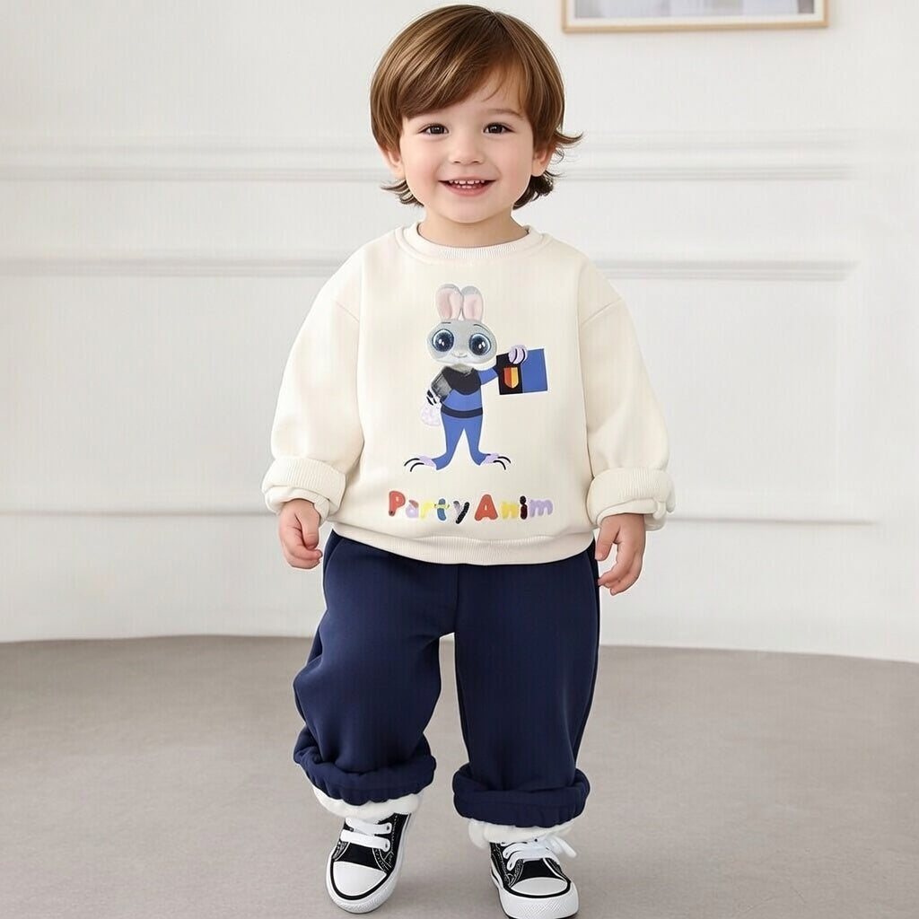 Boy's Cotton Winter Full Sleeves Animal Printed Sweatshirt & Jogger Pant Set - Navy