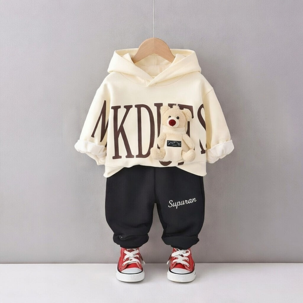 Boy's Cotton Text & Lion Sweatshirt With Joggers Set - Cream & Blue