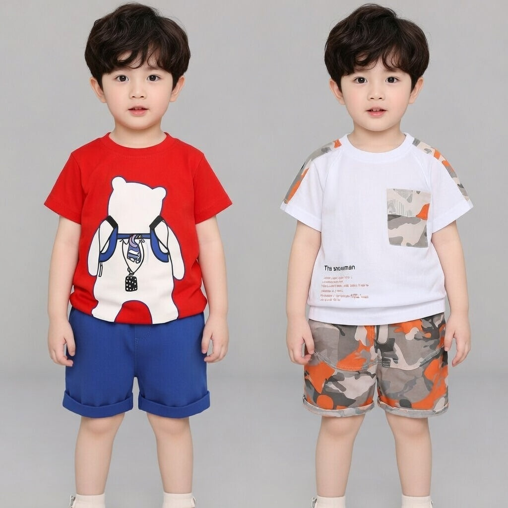 Boys Cotton Half Sleeves Tee & Shorts Set Pack Of 2  - Orange Pocket & Bag Bear