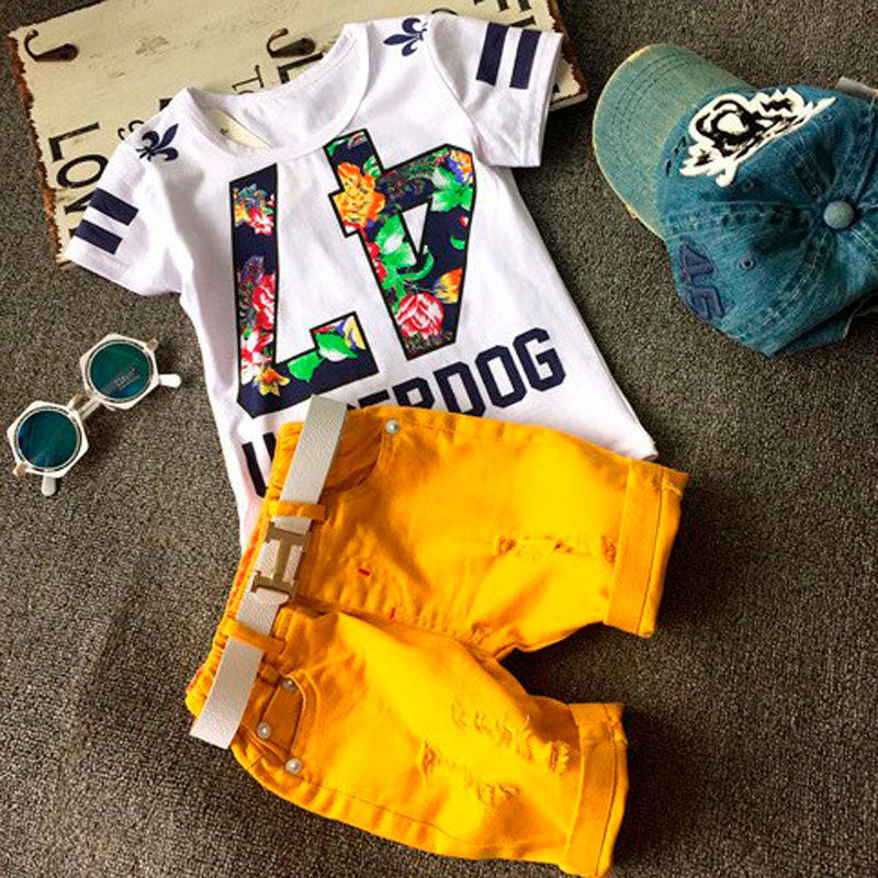 Boy's White Rabbit Print Half-Sleeve T-Shirt & Shorts Set