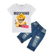 Boy's White Teddy Print T-Shirt & Pants Set