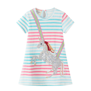 Googogaaga Girl's Striped Unicorn Sequence detailed frock